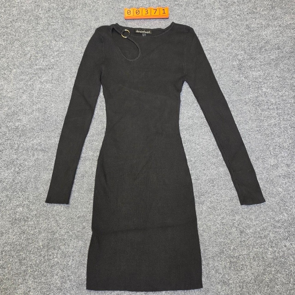 Derek Heart Black ribbed knit long sleeve mini dress with gold ring detail in L.